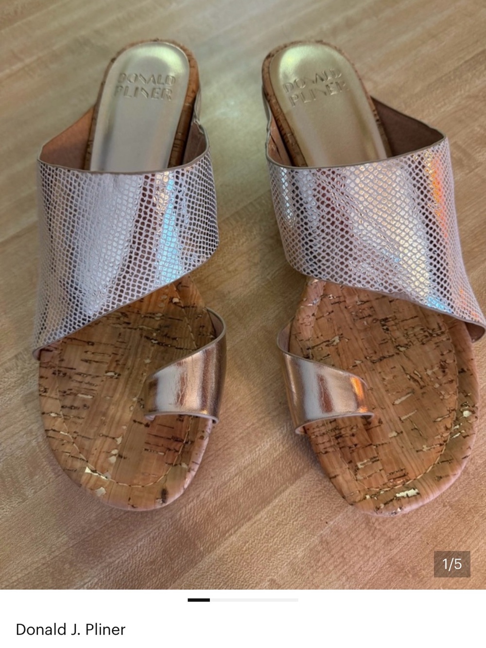 Donald J. Pliner Iridescent Rose Gold Cork Slide Mules